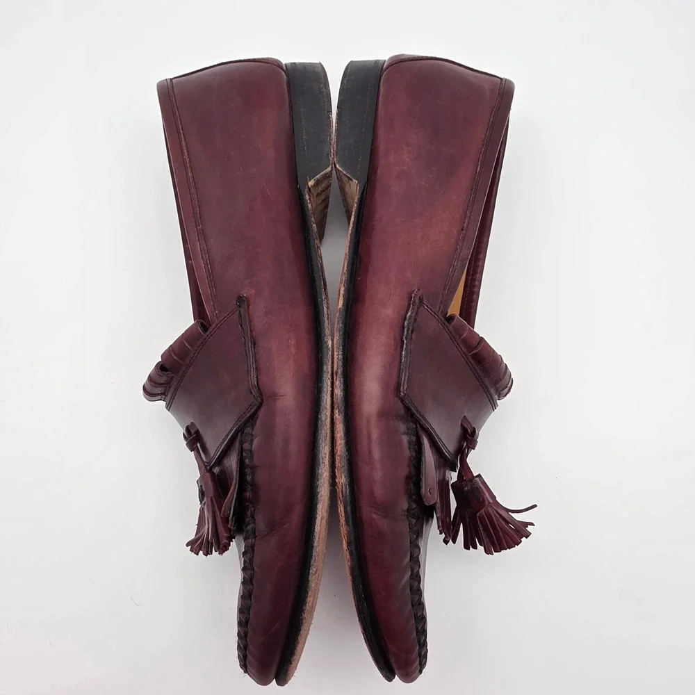 VTG Johnston Murphy Loafers Men 9.5 Leather Burgundy Oxblood Kiltie Tassel Italy